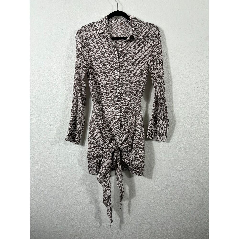 Free People Rillo Shirtdress Brown Beach Womens XS Button Up Tie Long Sleeve